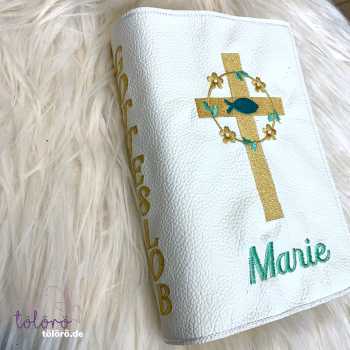 Preview: Gotteslobhülle breites Kreuz mit Blümchen und Fisch