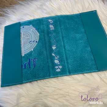 Gotteslobhülle  Kreuz mit großem Lichtkreis und Fische petrol