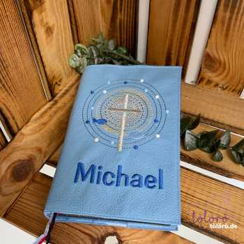 Preview: Gotteslobhülle  Kreuz mit großem Lichtkreis und Fische petrol