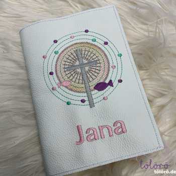 Gotteslobhülle Kreuz mit großem Lichtkreis und Fische