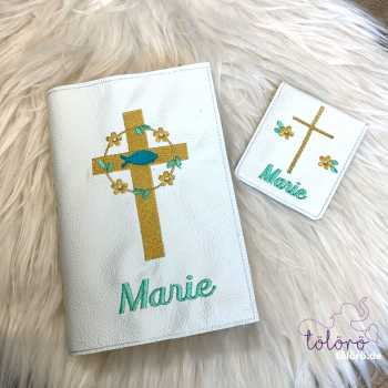 Preview: Gotteslobhülle breites Kreuz mit Blümchen und Fisch