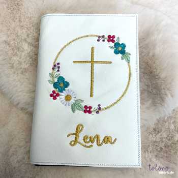 Gotteslobhülle Kreuz im Blumenkreis mit Name „Lena“