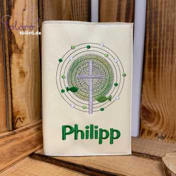 Gotteslobhülle  Kreuz mit großem Lichtkreis und Fische petrol