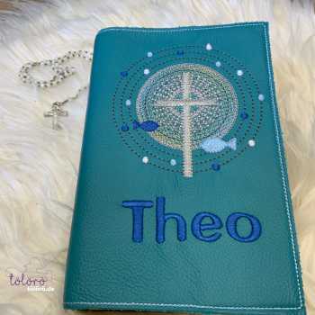 Gotteslobhülle  Kreuz mit großem Lichtkreis und Fische petrol