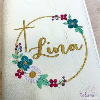 Gotteslobhülle Name im Blumenkreis mit Kreuz