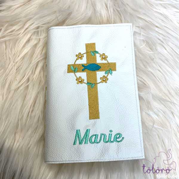 Gotteslobhülle breites Kreuz mit Blümchen und Fisch