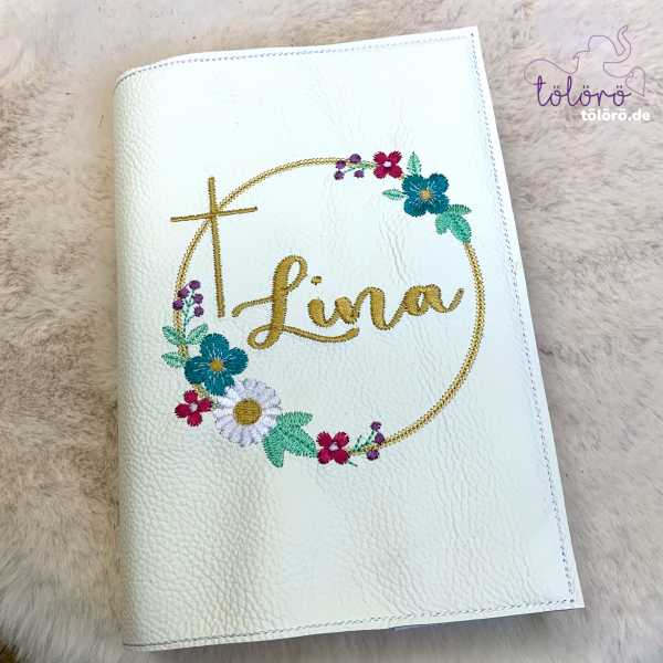 Gotteslobhülle Name im Blumenkreis mit Kreuz