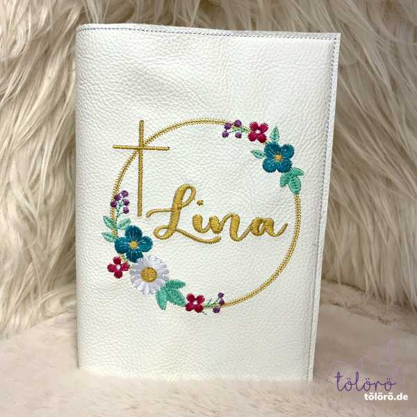 Gotteslobhülle Name im Blumenkreis mit Kreuz