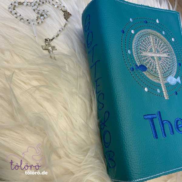 Gotteslobhülle  Kreuz mit großem Lichtkreis und Fische petrol