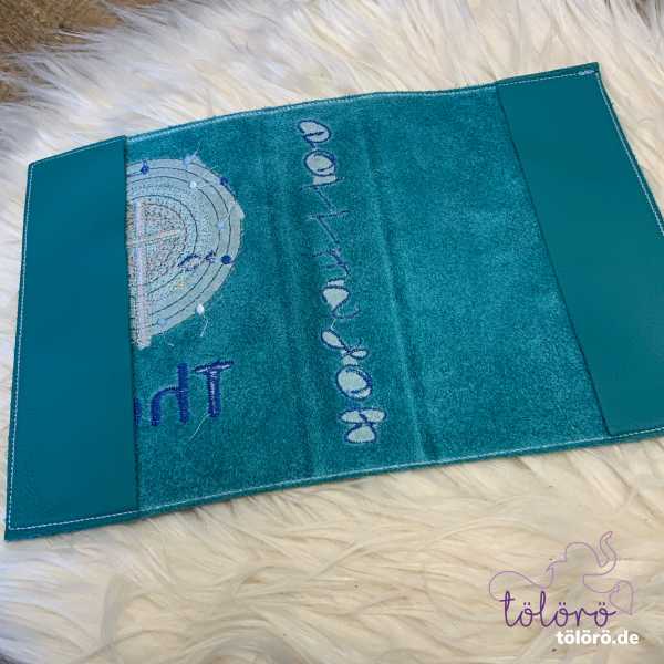 Gotteslobhülle  Kreuz mit großem Lichtkreis und Fische petrol