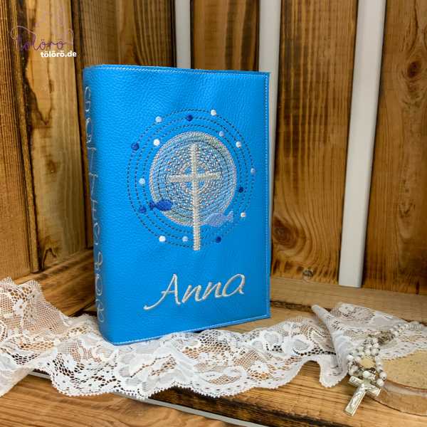 Gotteslobhülle  Kreuz mit großem Lichtkreis und Fische petrol