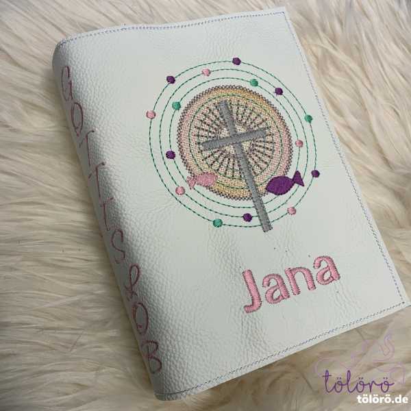 Gotteslobhülle Kreuz mit großem Lichtkreis und Fische